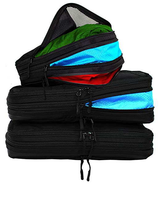 Taskin | Compression Packing Cubes | Clean & Dirty Compartments w/Flexible Separator | New Patent Pending Anti-Snag-Zipper Construction | YKK Zippers (Black | Set of 3 | 2 L   1 M)