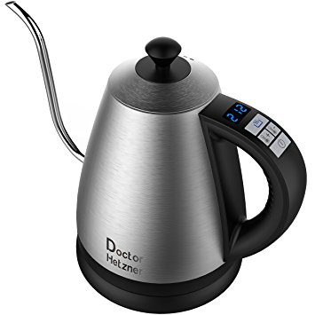 Electric Gooseneck Kettle with Preset Variable Heat Settings for Drip Coffee and Tea, Stainless Steel with LCD Display, Auto Shut-off, Keep Warm Function & Strix Controller 1000W