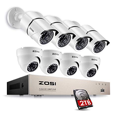 ZOSI Security Camera System 8-Channel 1080P Video DVR Recorder with (8) 2.0MP Indoor/Outdoor Weatherproof CCTV Cameras 2TB Hard Drive,Motion Alert, Smartphone, PC Easy Remote Access