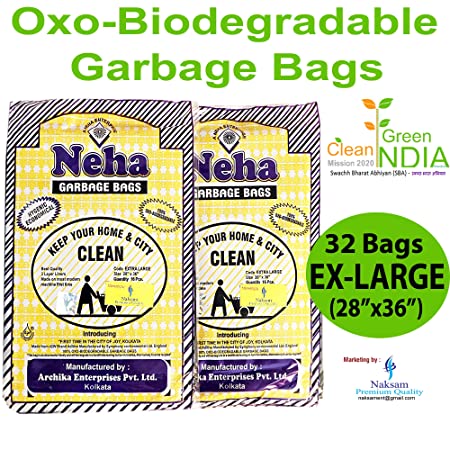 Neha Biodegradable Garbage Bags With Rubber Bands- Extra Large Size(28 Inch - 36 Inch) - Black (32 Bags)
