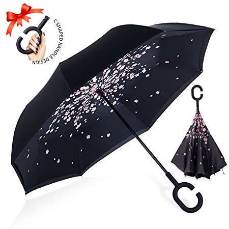 ZOMAKE Reverse Umbrella - Inverted Double-Layer Waterproof Straight Umbrella, Self-Standing & C Shape Handle & Umbrella Cover for Easy Bringing, Inside-Out Folding ideal for Drivers & Passengers (Peach Blossom)