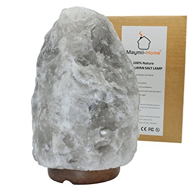 Maymii.Home 6" to 11", 7-11 lbs Large RARE Natural Grey White Himalayan Rock Salt Lamp with Wood Base, Dimmer Control, Electric Wire & Bulb