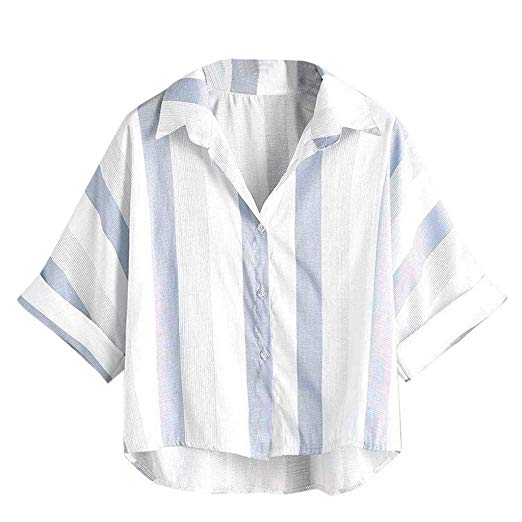 Womens Teen Girls Striped Short Sleeve Shirt Tops Summer Cotton Linen Lapel Blouse Casual Loose Beach Work Shirt Blouse