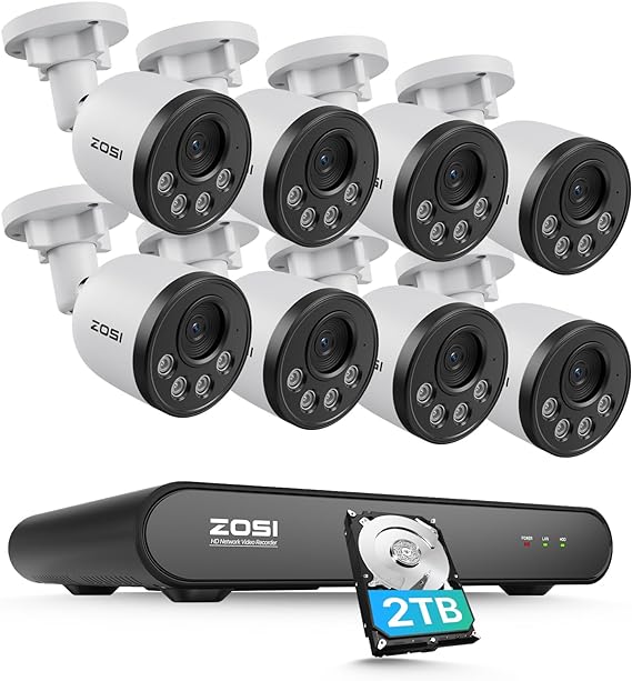 ZOSI 8CH 5MP PoE Security Camera System with Audio, Smart Human Detection, Remote Access, 8pcs 4MP Outdoor Indoor Surveillance Cameras, Night Vision, 8 Channel 5MP NVR with 2TB HDD for 24/7 Recording