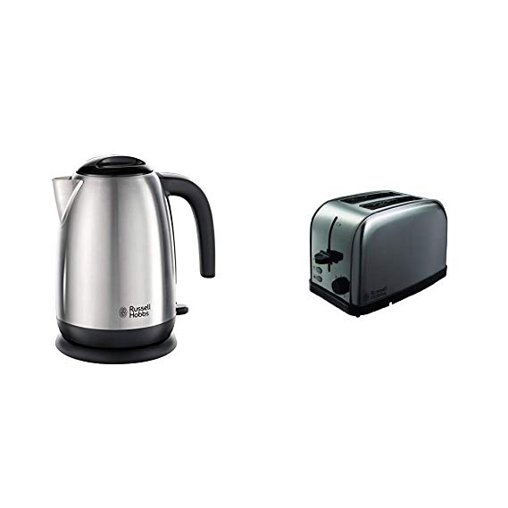 Russell Hobbs 23910 Adventure Brushed Stainless Steel Electric Kettle, Open Handle, 3000 W, 1.7 Litre &  Hobbs Futura 2-Slice Toaster 18780 - Stainless Steel Silver