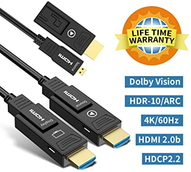 BIFALE HDMI Fiber Optic Cable 100ft 4K HDR 60Hz, Fiber HDMI Cable 2.0b ARC, HDCP2.2, 3D, 18Gbps Subsampling 4:4:4/4:2:2/4:2:0 Slim and Flexible Fiber Optic HDMI Cable with Dual Micro HDMI