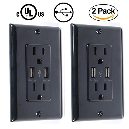 [2 Pack] 2.4A/5V USB Outlet Black, Anteer Dual USB Wall Outlet 15A/125V Receptacle Smart High Speed USB Charger Socket Electrical Outlet USB Wall Plate with Screw (Black 2 Pack)