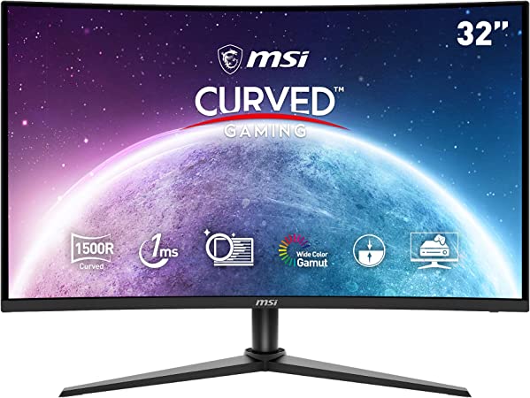 MSI G323CV Curved Gaming Monitor - 31.5 Inch, 16:9 Full HD (1920 x 1080), VA, 75Hz, 1ms, 1500R, DisplayPort, HDMI, Wide Color Gamut, Anti-Flicker, Less Blue light, Night Vision, Black