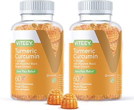 [60 Count 2 Pack] Turmeric Curcumin Gummies with Ginger & Black Pepper [Supports Joint Pain & Anti-Inflammatory] Herbal Supplement, Vegan, Pectin Gummy - Good For Adults Teens & Kids - Peach Flavor