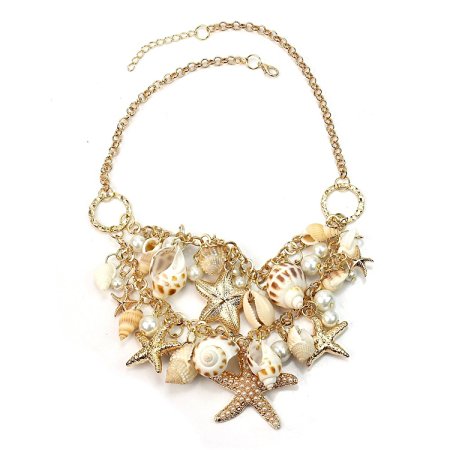 Hot Sweet Chunky Gold Tone Sea Shell Starfish Pearl Bib Statement Necklace