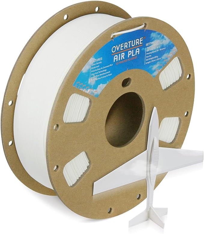 OVERTURE Air PLA Filament, Pre-Foamed PLA Low-Density, Lightweight PLA, Cardboard Spool, 0.8kg(1.76lbs), Dimensional Accuracy 99% +/- 0.03mm (White)