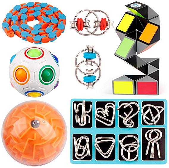 D-FantiX 14 Pcs Brain Teaser Puzzles Toy Set, Rainbow Puzzle Ball, 3D Maze Ball, Magic Snake Cube, Metal Wire Puzzles, Flippy Chain, 48 Link Wacky Tracks Sensory Fidget Toys Kids Party Favor Christmas