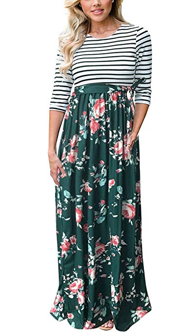 ThusFar Women 3/4 Sleeve Striped Maxi Dress with Pockets Modest Long Dresses