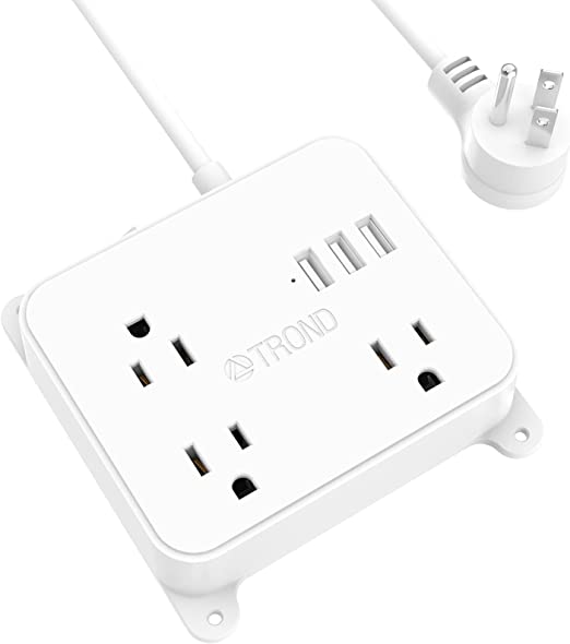 TROND Flat Plug Power Bar USB, Extension Cord Indoor Mini Power Strip 3 Outlets 3 USB Ports, Small Charging Station Wall Mount 4.5ft Home Office Desk Supplies Dorm Room Cruise Ship Travel Essentials