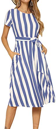 levaca Women's Short Sleeve Striped Casual Flowy Midi Belt Dress with Pockets