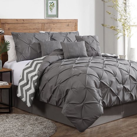 7 Piece Plush Modern Pinch Pleated Comforter Set, Colors Navy Blue, Taupe, Grey - All Sizes (Queen, Grey)