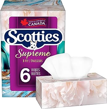 Scotties Supreme 3 Ply Soft & Strong Facial Tissue, Hypoallergenic and Dermatologist Tested, 6 Boxes, 81 Tissues per Box