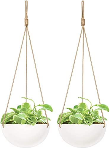 Mkono 2 Pack Ceramic Hanging Planter Modern Round Flower Plant Pot 9 Inch Porcelain Hanging Basket with Polyester Rope Hanger for Indoor Outdoor Herbs Ferns Ivy Crawling Plants, White