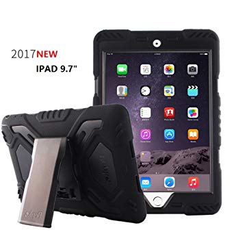 New iPad 9.7 inch 2017/2018 iPad 9.7 Case, Bpowe Heavy Duty Cover Case Silicone Plastic Dual Layer Shock Proof Drop Proof Dust Proof Kids Proof With Kickstand for Apple iPad 9.7 inch 2017/2018 (black/black)