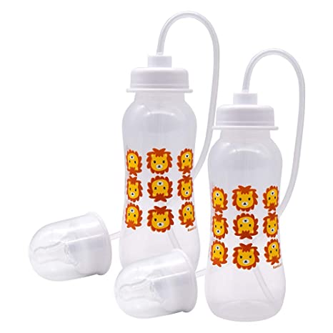 Podee Hands Free Baby Bottle - Anti-Colic Self Feeding System with Straw (Lion, 9 oz - 2 Pack)