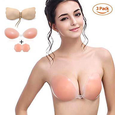 Adhesive Bra Push up Strapless Backless Bra Sticky Silicone Invisible Bra with Nipple Covers, 3 Pack
