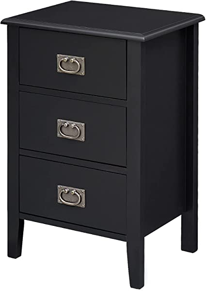 VECELO 23" Nightstand End, Side Table for Bedroom, Living Room, Small Space, Night Stand, Solid Wood Legs, Black (Three Drawer), Coalblack