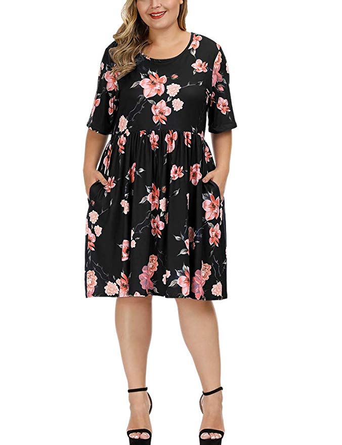 Allegrace Dress for Women Plus Size Summer Floral Print Short Sleeve Flowy Midi Dresses with Pocket