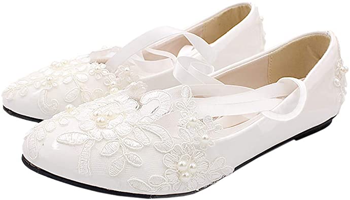 Lifestyle-cat Women's Mary Jane Flats White Ankle Strap Wedding Bridal Shoes Closed Toe Pearl Low Heel Flat Dress Shoes