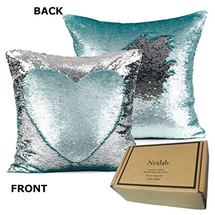 18 Inch Doubleface Two Tone Sequins Mermaid Europe Luxurious Pillow Cover (Matte Turquoise/Silver)