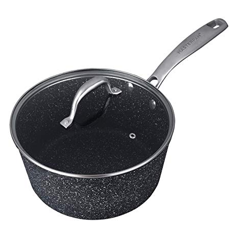 MasterPan MP-130 Granite Ultra Non-Stick Cast Aluminum Sauce Pan with Glass Lid, 7", Black