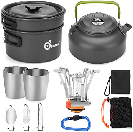 Odoland Camping Cooker Pan Set Aluminum Camping Cookware Kit for 2 People, Portable Outdoor Pot Pan Stove Kettle 2 Cups and Tableware - Backpacking Cookware for Picnic Trekking and Hiking