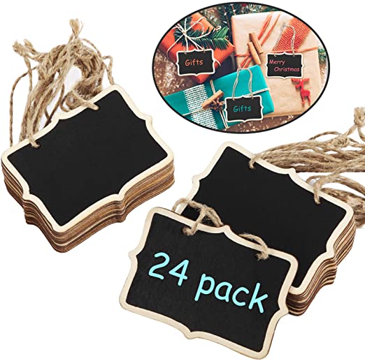 Chalkboard Tags Hanging Wooden Chalkboard Signs 3.35 x 2.36 Inch Mini Wood Chalkboard Labels Rectangle Blackboard Tags Massage Board Signs (24 Pieces)