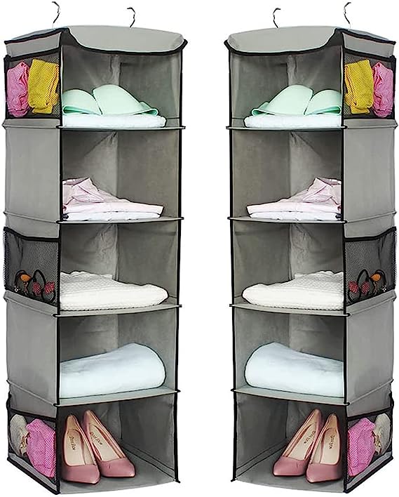 Haundry 2-Pack 5 Shelf Hanging Closet Organizer Space Saver, Foldable Roomy Breathable Hanging Shelves with (6) Side Accessories Pockets, Sturdy Metal Hooks,for Clothes Storage, and Shoes Etc (Grey)