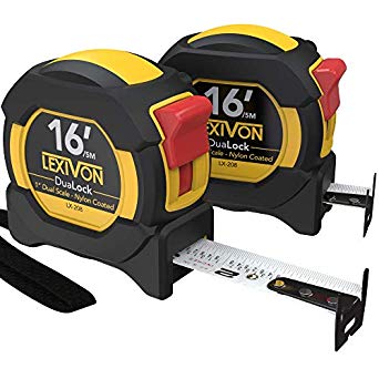 LEXIVON [2-Pack] 16Ft/5m DuaLock Tape Measure | 1-Inch Wide Blade with Nylon Coating, Matt Finish White & Yellow Dual Sided Rule Print | Ft/Inch/Fractions/Metric (LX-208)