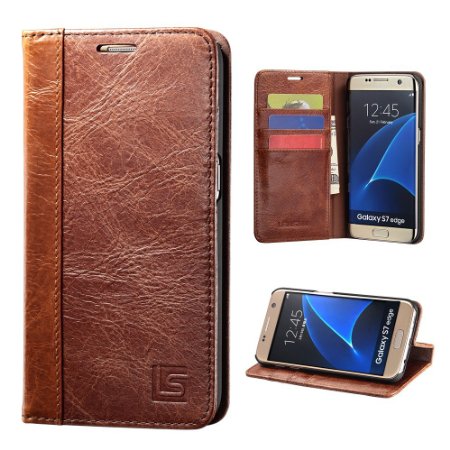 Galaxy S7 Edge Case, Lensun Premium Vintage Genuine Leather Wallet Case for Samsung Galaxy S7 Edge 5.5" - Brown (S7E-FG-BN)