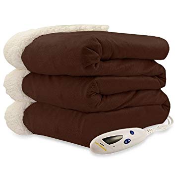 Pure Warmth Chocolate Mink Heated Electric Throw Blanket with Natural Sherpa