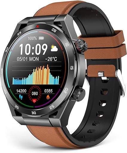 Smart Watch Blood Glucose Monitors, Smart Watch with Bluetooth Call, Fitness Watch with Blood Pressure/HR/Sleep, 1.39" Smartwatch for Men Women, IP67 Waterproof for Android iOS Brown Leather