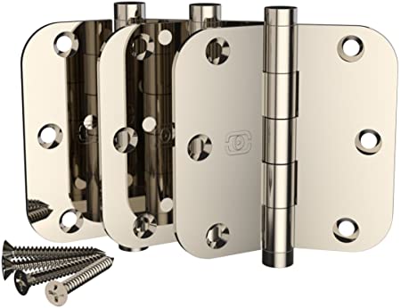 3 Pack OMNIA 3 1/2 x 3 1/2 Extruded Solid Brass Door Hinge 5/8" Radius Corner with Button Tip US14 Finish (Polished Nickel)