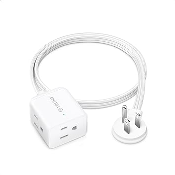 TROND Short Flat Extension Cord 1.5 ft - Right Angled Flat Plug Power Strip, 16 AWG Power Cord Extension Indoor, 3 Prong Extension Cord with Multiple 3 Outlets for Home Office Cruise Travel, White