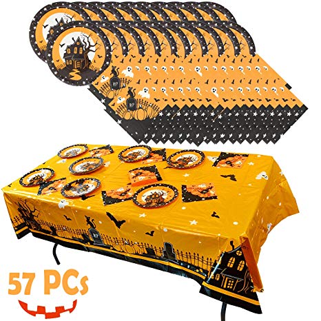 Spooktacular Creations Halloween Party Tableware Set Including Table Cover (54" by 108"), Napkins, Paper Plates.