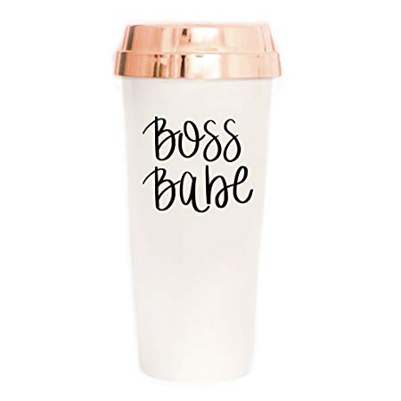 Boss Babe Travel Mug Gifts for Boss Female Boss Lady Rose Gold Office Accessories Commuter Plastic Tumbler with Lid Novelty Travel Mug for Women 16oz