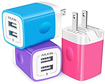3Pack AILKIN Fold Wall Charger, USB Charging Plug, AC Adapter Cube Fast Charging Block Box for iPhone SE/11Pro Max/XS/XR/10/8/7/6S/6S Plus, Samsung Galaxy Edge, LG, HTC, One Plus, Moto, Kindle