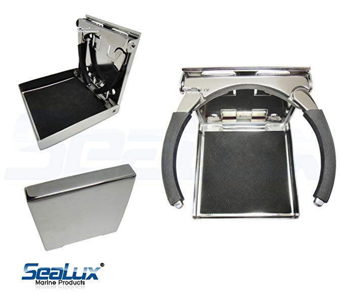 SeaLux Stainless Steel Adjustable Fold Down cup, drink and Mug Holder for boat, car 3" or 3-3/4" opening (3-3/4" Mug Holder (Large))