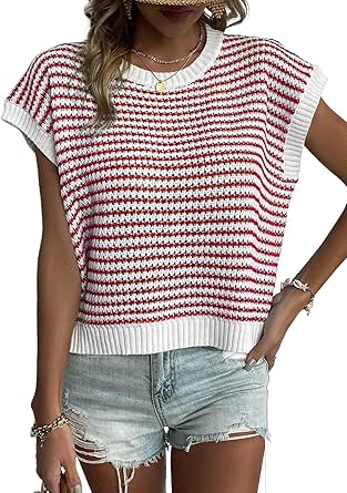 EVALESS Women's Sweater Vest Striped Color Pullover Tank Top Round Neck Cap Sleeve Lightweight 2024 Fall Casual Clothes