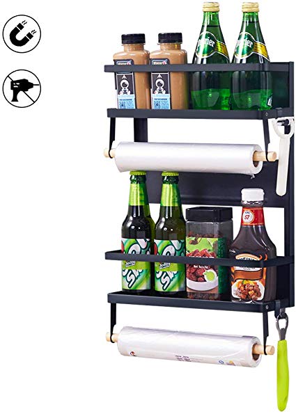 XIAPIA Magnetic Fridge Organizer Spice Rack with Paper Towel Holder and 5 Extra Hooks | 4 Tier Magnet Refrigerator Shelf in Kitchen Holds up to 45 LBS | 16x12x4 Inch Black