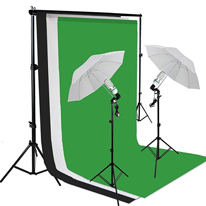 WISD Photography Studio Continuous Lighting White Umbrella Equipment Kit with Black Green White three Cotton Backdrops Background 80W 5500K Lamp Bulbs