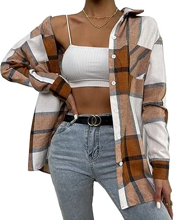 Deer Lady Plaid Flannel Shirts for Women Buffalo Plaid Shirts Oversized Long Sleeve Casual Button Down Blouse Top