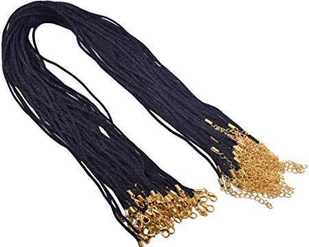 KONMAY Necklace Cord 50pcs 20'' Black Satin Silk Necklace Cord 2.0mm with Golden Metal Parts