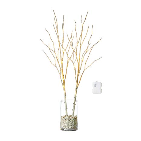 Hairui Lighted Birch Willow Branches White with Fairy Lights Decor 32in 100LED, Pre lit Artificial Twig Branch Lights with Timer for Indoor Home Decoration Battery Operated 2 Pack (Vase Excluded)