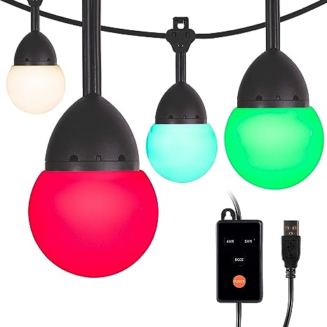 Enbrighten USB-Powered Café String Lights, 12ft, LED, Indoor or Outdoor, Camping, Tailgate, Dorm Room, 48374, Round Bulb with Solar Panel, USB, Portable, Weather Resistant